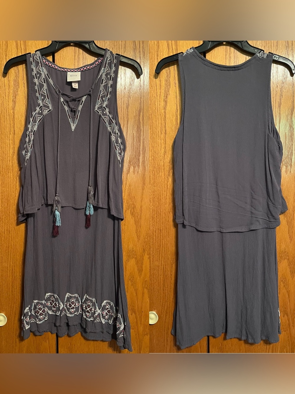 Knox Rose Charcoal Embroidered Tassel Layered Midi Dress